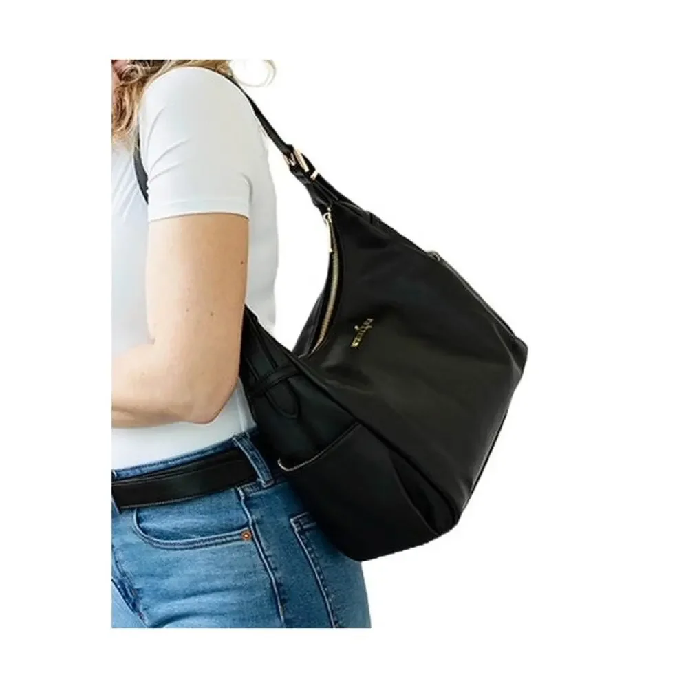 White Elm Camille Hobo Bag Black Shimmer Aqua Lining Silver Hardware NWOT